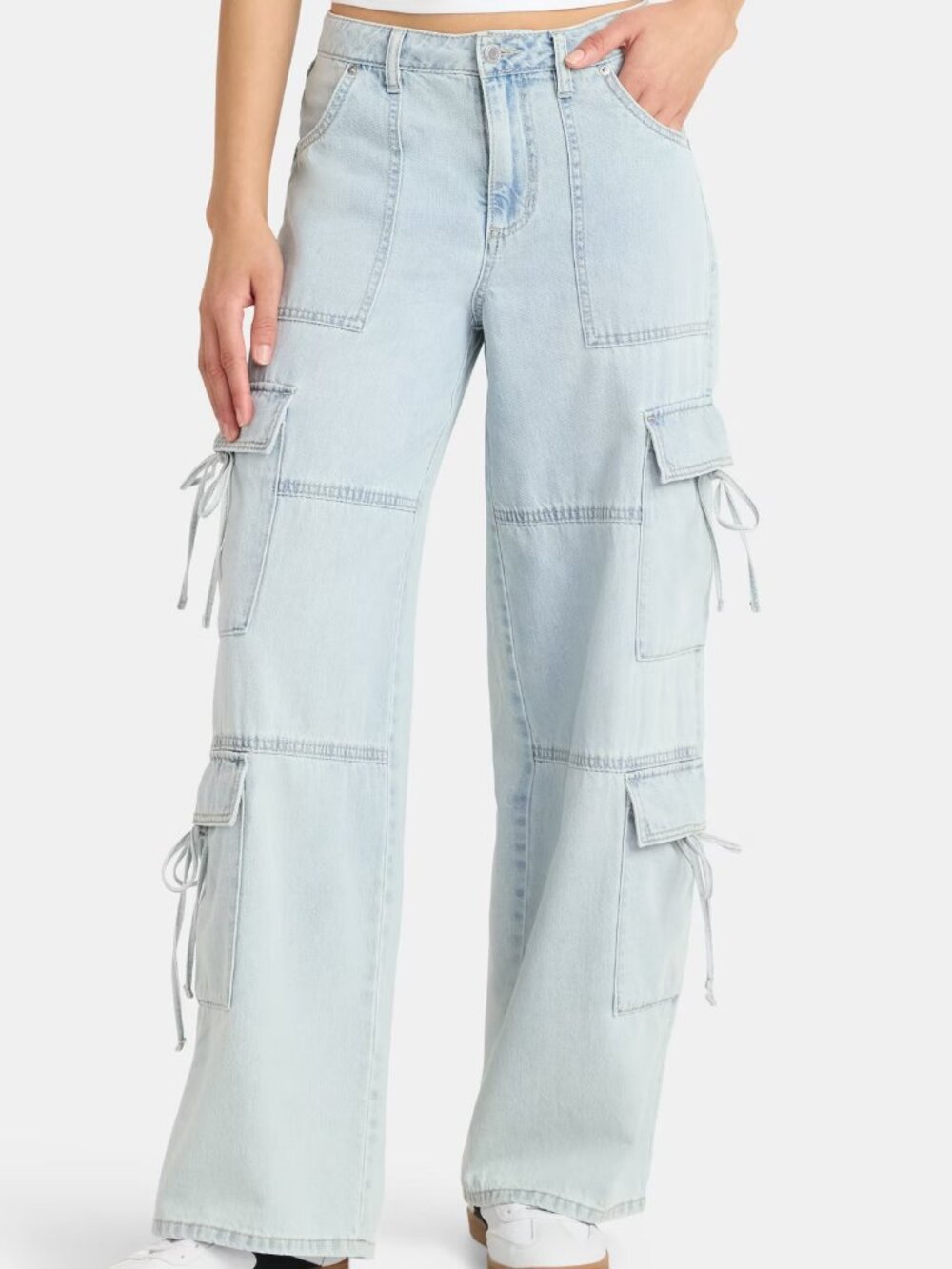 Excellent Condition, SZ 8, Tie Up Cargo Pockets Denim Jeans, Light Blue Wash